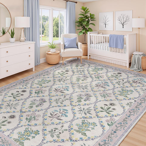 5x7 Purple Rug for Girls Room, Washable Boho Floral Area Rugs for Living Room, Cute Ultra-Thin Non Slip Indoor Girls