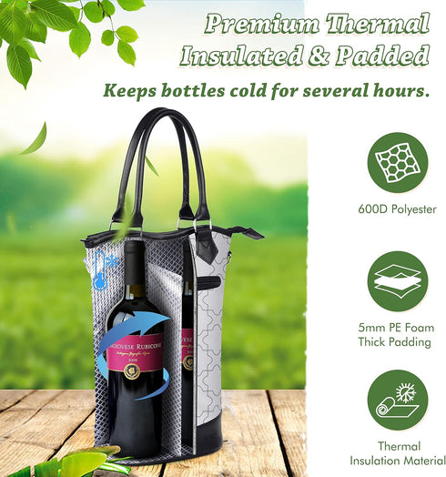 Tirrinia Insulated Wine Carrier Tote - Padded Travel Bag for 2 Bottles, Champagne Cooler, Valentine's Day Gift