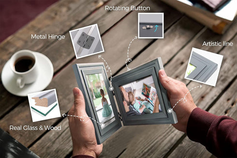 Vertical Horizontal, Art Double 4x6 Grey Wood Foldable Picture Frame - Opening 3.5x5.5 - for 4 by 6 Portrait and Landscape View by JD Concept