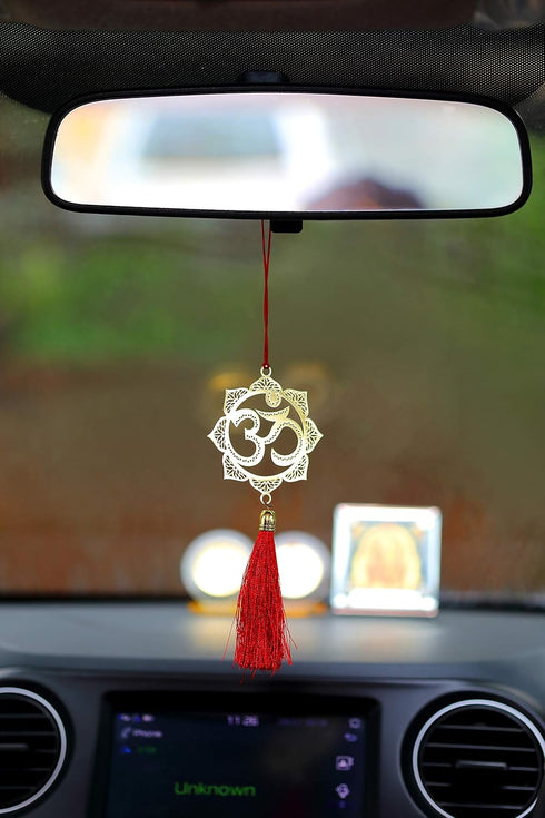 ADORAA's Hindu OM/AUM Symbol Rear View Mirror Hanging Ornament, Brass Car Accessory for Blessings & Protection