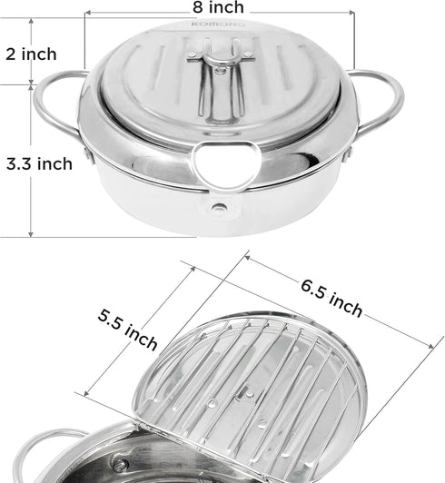 Japanese Tempura Small Deep Fryer Pot with Fahrenheit Thermometer, 304 Stainless Steel for Chips, Fries, Fish