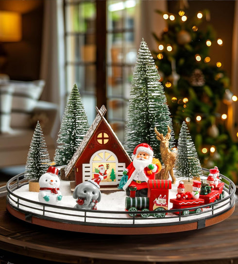 12 Set AMH PCS Christmas Table Decorations with Oak Rotating Base Xmas Town Village Centerpiece with Santa, Train