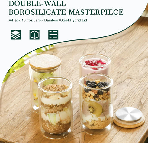 2 Pack 15oz LIBWYS Overnight Oats Containers with Bamboo & Stainless Steel Lids, Meal Prep Jars - Double Walled High
