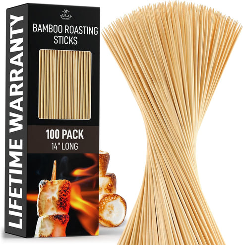 Zulay Kitchen Authentic Bamboo Skewers, 100, 14" Heavy-Duty Roasting Sticks for Grilling & Camping