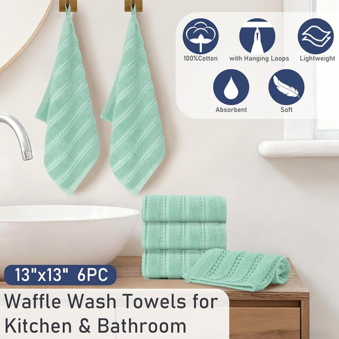 6PC (13"x13"), 100% Set VOOVA & MOVAS Waffle Mint Green Washcloth Cotton, Soft, Absorb & Lightweight, Quick Dry, Waffle