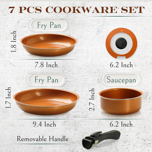 Moss & Stone Copper Pots and Pans Set - Nonstick, Removable Handle Cookware, 7 Pcs Aluminum Camping Set