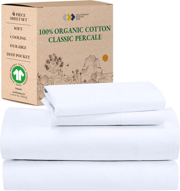 California Design Den Percale Full Size Sheet Sets, Deep Pocket 100% Organic Cotton, GOTS Certified, White Sheets