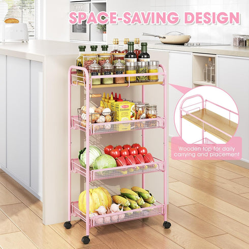 4-Tier TOOLF Slim Rolling Cart, Metal Storage Cart with Wooden Tabletop and Mesh Baskets for Narrow Space on Kitchen