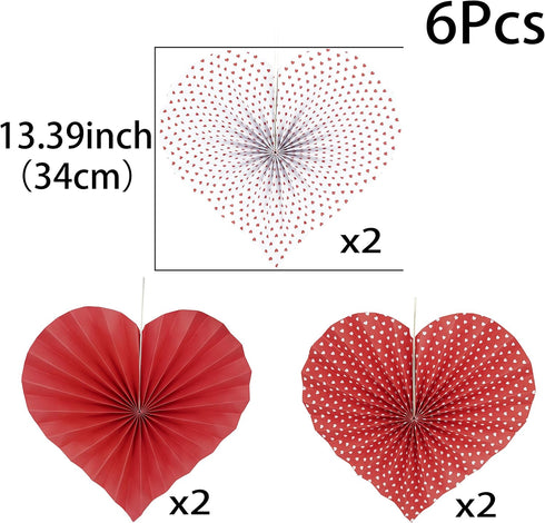Red Heart Valentines Party Hanging Decorations, 6pc Paper Fans for Wedding Anniversary Bachelorette Baby Shower