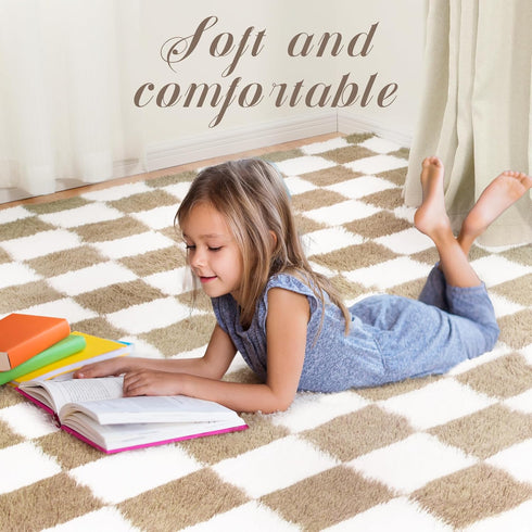 TOOHUB 5x7 Super Soft Rug for Bedroom, Ft Beige and White Area Rug Classic Checkered Shaggy Anti-Skid High Pile Soft