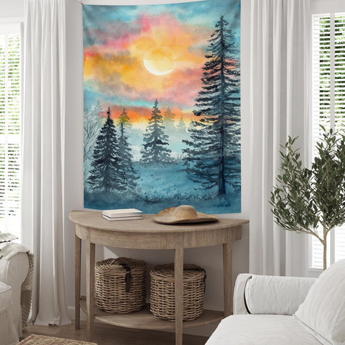 Mountain Yellow Sunset Forest Tapestry, Blue Watercolor Fir Tree Landscape Wall Hanging for Bedroom Living Room
