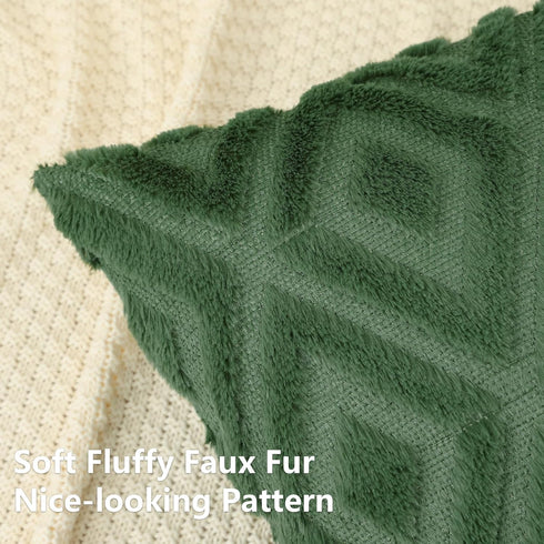 Soft Faux Fur Throw Pillow Covers 18x18 - Plush Short Wool Velvet Decorative Pillow Covers - Couch Sofa Pillow Covers for Living Room - with 3D Diamond Pattern - Set of 2 - Forest Elf