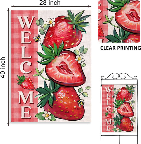Welcome Spring Summer Strawberry Decorative House Flag, 28 x 40; Red Fruit Plaid Check Farmhouse Garden Yard Outside