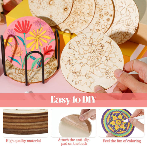 Reallnaive 45 4 Inch Pcs Flower Wooden Coasters Painting Kit, Paint Your Own Boho Coasters with Markers, Mothers Day