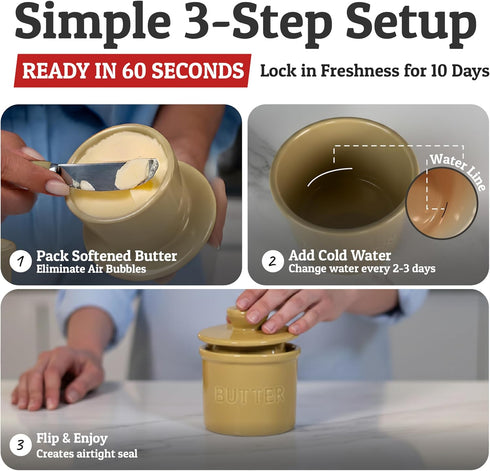 Counter, PriorityChef Butter Crock with Lid with Water Line, Ceramic French Butter Dish to Leave On Khaki