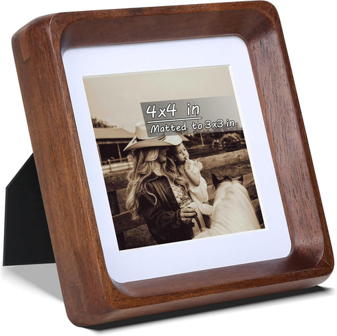 Square 4x4 Picture Frame with Mat for 3x3, USA-Sourced Natural Walnut Wood