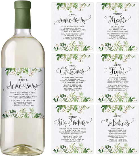 Printed Party Marriage Milestones, Greenery Wedding Firsts, 6 Wine Bottle Labels