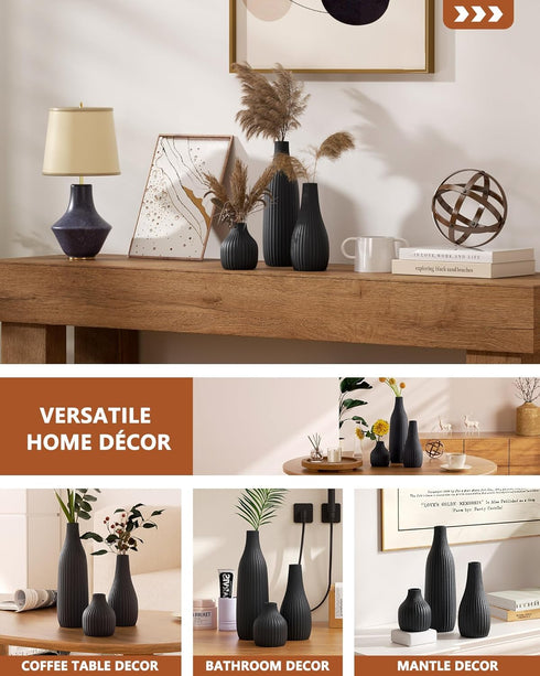 Mksuuoa Set 3 Decorative Flower Vase of - Modern Boho Style Black Vases, Ribbed Textures Ceramic Vase for Home Decor