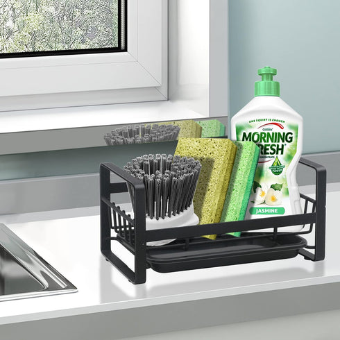 Kitchen Sink Caddy Organizer with Removable Front Drain Pan, Black Sponge Holder for Soap and Dish Rags Storage