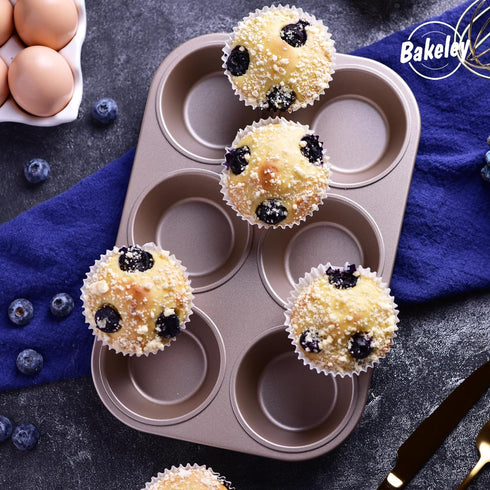 Muffin Cake Pan, 6-Cavity Non-Stick Cupcake Bakeware for Oven Baking, Champagne Gold