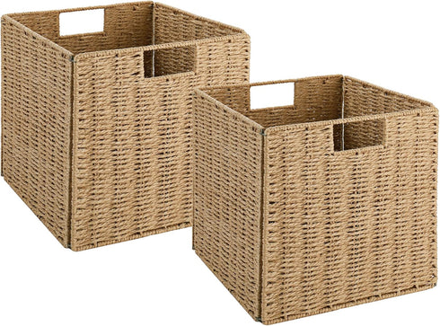 Vagusicc Wicker Storage Basket, Set of 2 Hand-Woven Baskets with Handles, 9 inch Foldable Cube Storage Bins for Pantry