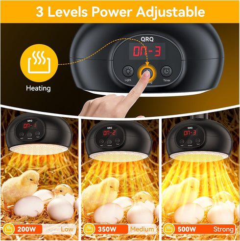 QRQ 200W-350W-500W Dimmable 3-6-9-12H Chicken Coop Heater, Reptile Heat Lamp with UVA UVB Light Timer, Chicken House