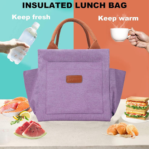 Joymee Insulated Lunch Bag for Women, Reusable Leakproof Cooler Tote with Bottle Holder and Side Pockets