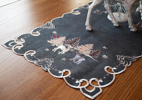 Embroidered Christmas Holiday Table Runner, Silver Reindeer & Scene on Dark Gray, Rectangle 16Wx33L