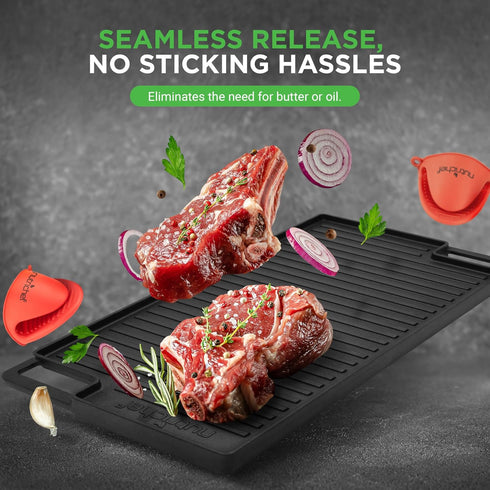 NutriChef NCCIRG59 Cast Iron Reversible Grill Plate - 18 Inch Flat Skillet Griddle Pan for Gas Range Grilling