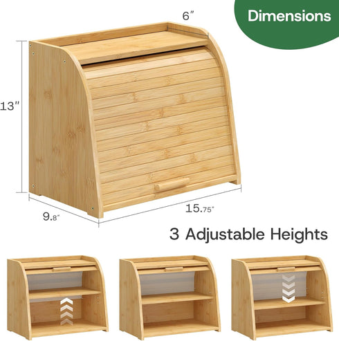 kiplant Countertop, Bread Box for Kitchen Large Bamboo Wood Bread Box, Wooden Corner Bread Storage Capacity