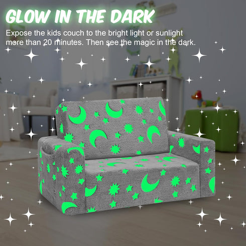SLIGUY Kids Chair, Toddler Couch, Fold Out Sofa Chair, Toddlers Convertible Sofa to Lounger Pull Out Couch, Glow in The
