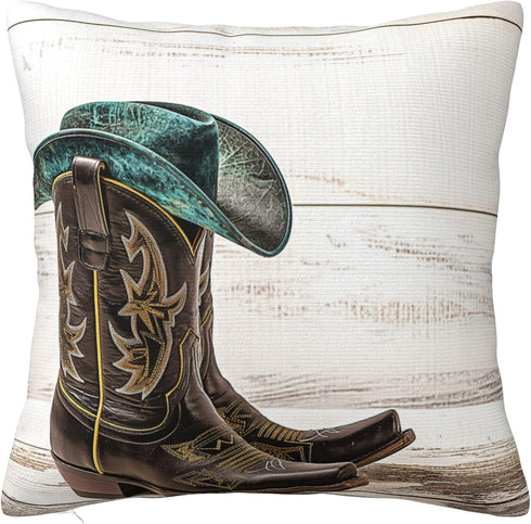 Western Cowboy Hat and Cowgirl Boots Decorative Throw Pillow Covers, 18x18 Inch Square Cushion Cover for Sofa Couch