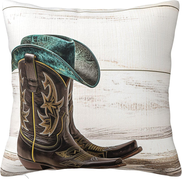 Western Cowboy Hat and Cowgirl Boots Decorative Throw Pillow Covers, 18x18 Inch Square Cushion Cover for Sofa Couch