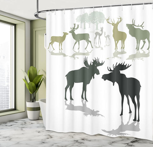 Ambesonne Antlers Shower Curtain, Elk Deer and Fawn Silhouette Forest Theme, 69" W x 75" L