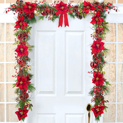 DearHouse 5.3 Ft Artificial Poinsettia Christmas Garland with Red Berries, Holly Leaves, Pine Cone Decor