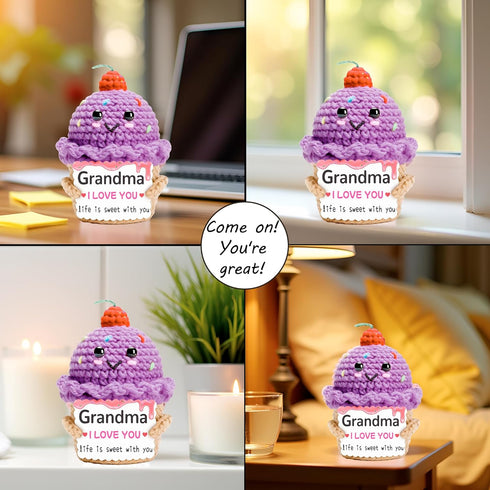 MLZTINGR Crochet Ice Cream Gift for Grandma Handmade Positive Knitted Ice Cream Doll, Sweet Birthday for Grandma from
