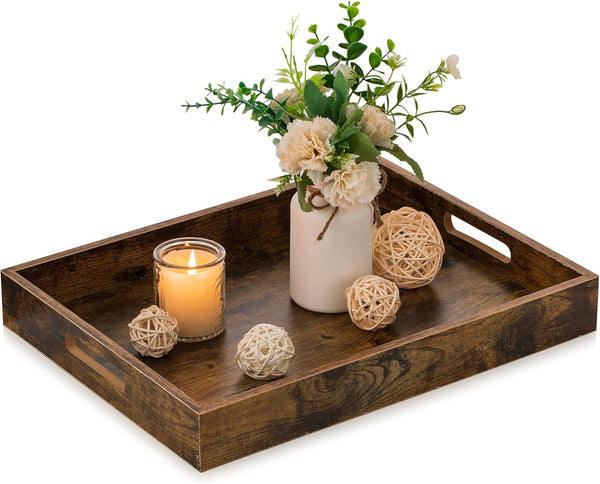 Hanobe Brown Decorative Serving Trays: Rustic Brown Rectangle Tray Decor with Cutout