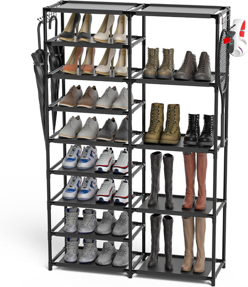 CSXGBAB Tall Garage Shoe Rack Large Capacity,Two Rows Versatile Hooks Storage Boot Shelf