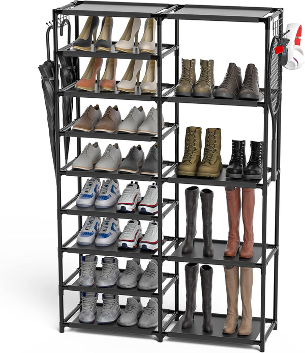 CSXGBAB Tall Garage Shoe Rack Large Capacity,Two Rows Versatile Hooks Storage Boot Shelf