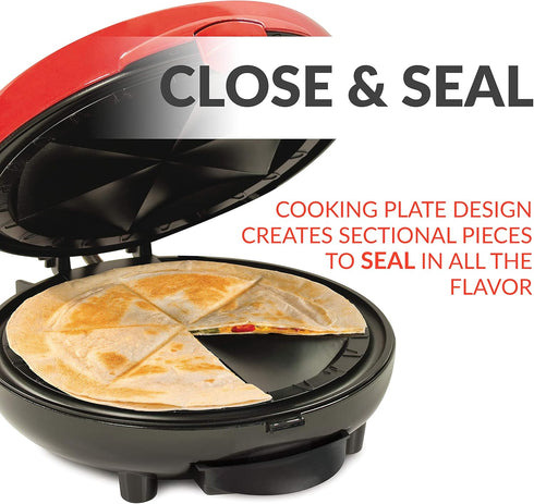 Taco Tuesday Deluxe Electric Quesadilla Maker, 8-Inch 6-Wedge Design with Extra Stuffing Latch, Red