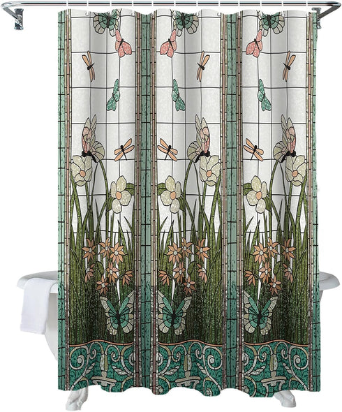 Extra Long Flower Dragonfly Waterproof Bathroom Fabric Shower Curtain 84 inch Bath Curtain