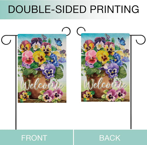 Welcome Spring Pansy Floral Garden Flag, 12 x 18 Inch Double Sided Small Decor for Outdoor Summer Holiday