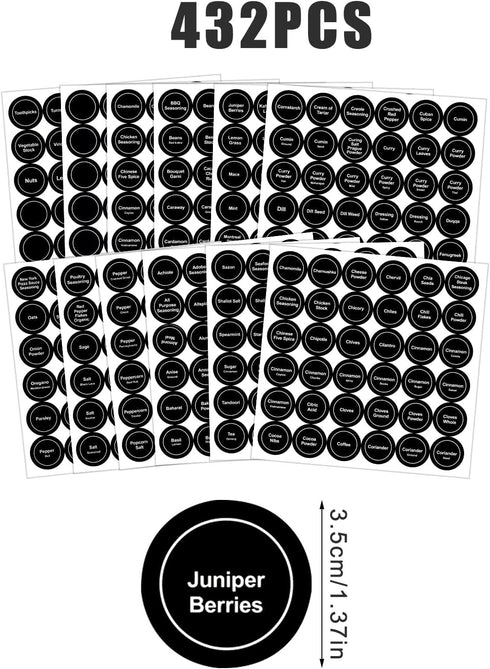 SAVITA 432pcs 3.5cm Spice Labels Stickers, Round Preprinted Spice Labels Waterproof Spice Jar Label Spice Labels Spice Containers Labels Seasoning Labels for Spices Rack Organization (Black)