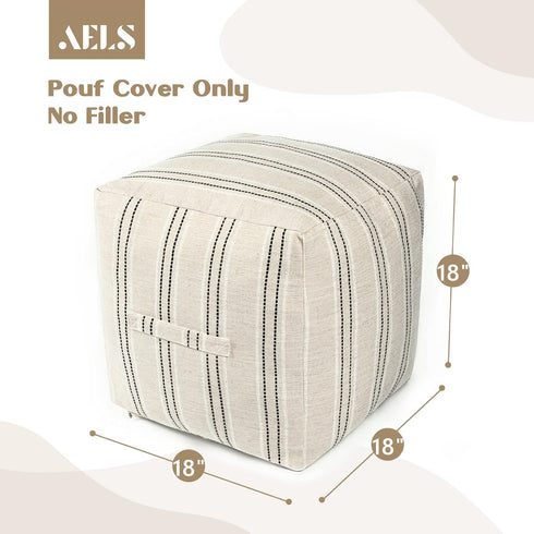 18"x18"x18", AELS Unstuffed Farmhouse Pouf Cover for Living Room, Boho Storage Bean Bag Cubes, Beige with Black Stitch