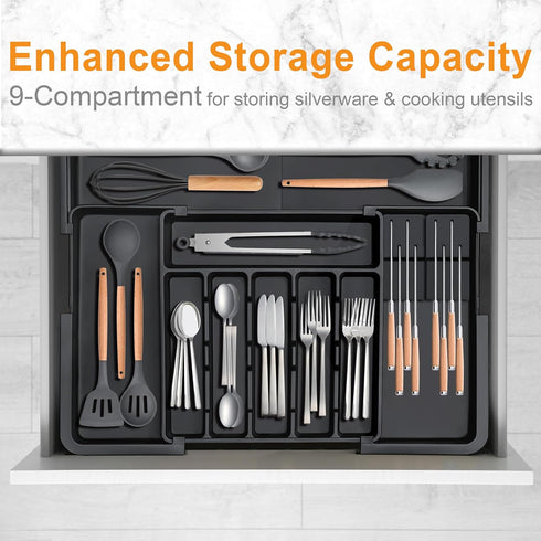 Homecor Silverware Organizer, Expandable Large Kitchen Drawer Organizer with 2 Removable Knife Blocks, Black