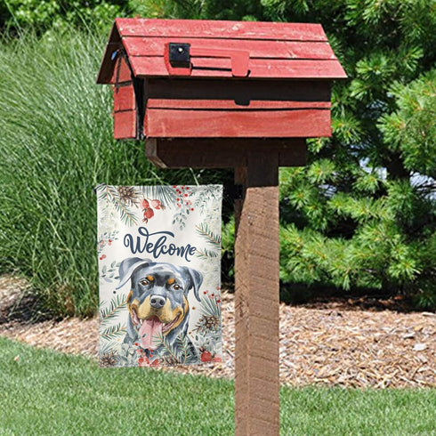 Welcome Rottweiler and Winter Flower Home Flag, 12 x 18 Inch Double-Sided Outdoor Yard Decorative Garden Flag