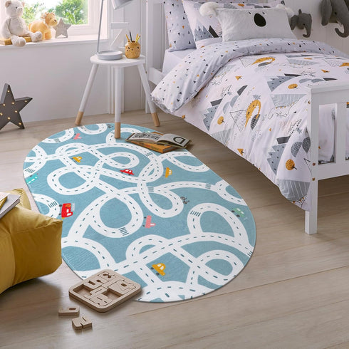 3'x5' LIVEBOX Blue Non-Slip Kids Play Rug, Machine Washable Road Mat for Playroom, Toy Room Carpet with Cartoon Design