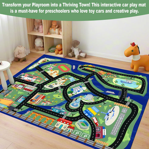 4'x6' Kids Car Rug Play Mat - City Road Map for Toy Cars, Non-Slip, Machine Washable, Educational Carpet for Playroom