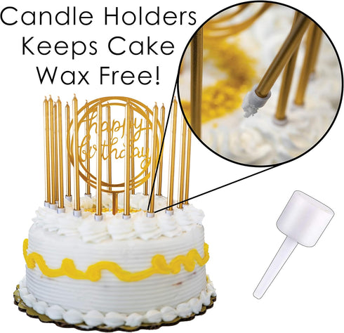24 Count Tall Thin Metallic Gold Birthday Candles with Holders and Classy Cake Topper for Custom Cake
