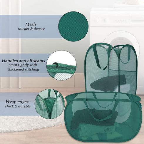 Collapsible Laundry Basket 2 Pack, Green Mesh Pop Up Hampers with Handles, Large Portable Travel Laundry Bag